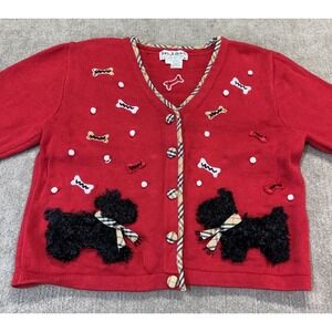 Jack B Quick Large Red Scotty Dog Bones Check Plaid 3D Sweater Artsy Eclectic
